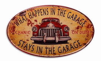 What happens garage reclamebord rode auto metalen wandbord