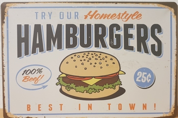 Hamburgers homestyle reclamebord metaal best in town wandbord