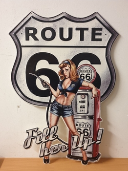 Route 66 pin up pomp fill here up metalen bord