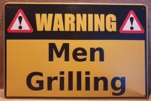 Men grilling reclamebord metaal warning wandbord