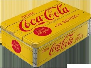 Coca cola geel rood metalen voorraadblik