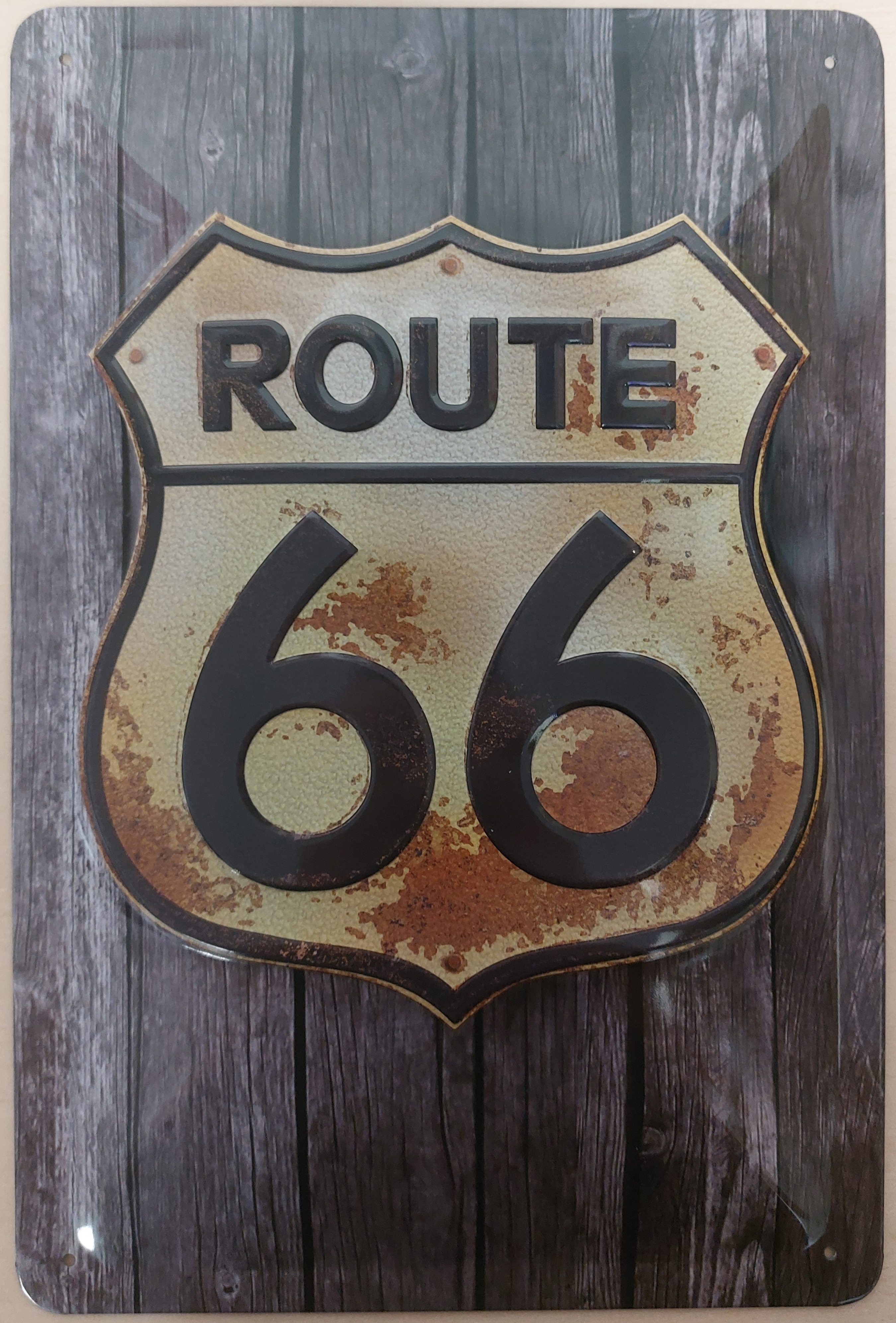 Route 66 wood look logo relief relclamebord