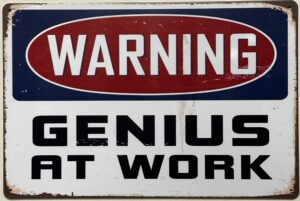 Warning Genius at Work reclamebord van metaal