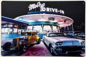 Mel's Drive in Hotrod Cadillac reclamebord van metaal