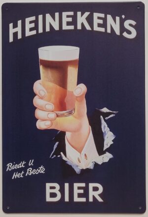 Heinekens bier glas hand metalen reclamebord